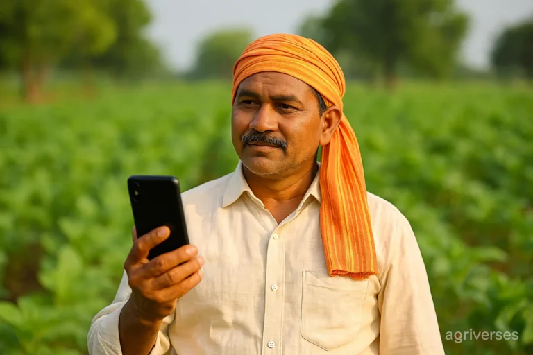 Middle-aged Indian farmer smiling while using a laptop in an organic vegetable field, representing free online organic farming education.