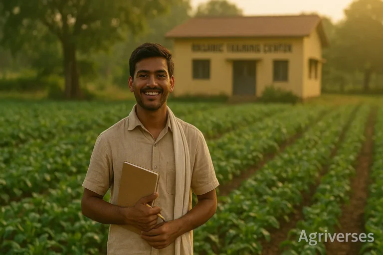 Confident Indian student at an organic farming institute with notebook in hand.