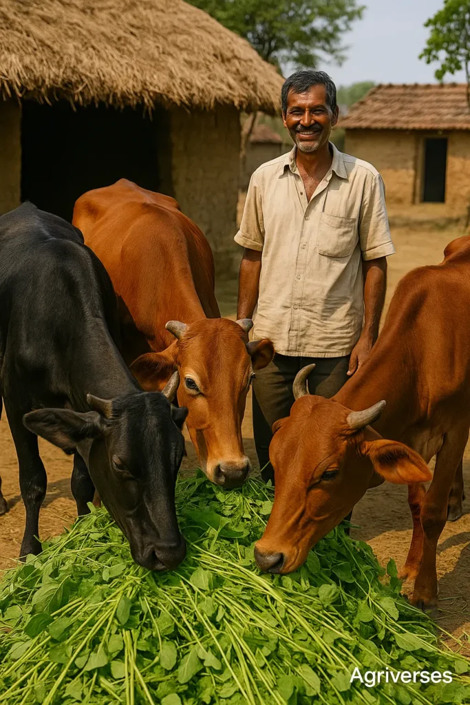 7 Superpowers of Leguminous Crops in Organic Farming 3 Indian farmer feeding cows with green leguminous fodder like berseem and cowpea in a traditional village setting with thatched huts.