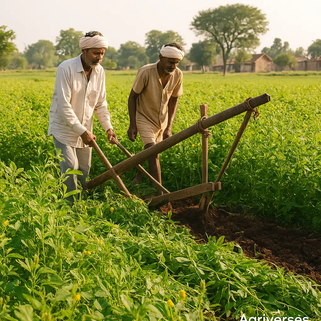 7 Superpowers of Leguminous Crops in Organic Farming 2 Indian farmers ploughing sunhemp and moong legume crops into the soil as green manure in an organic field with a rural background.