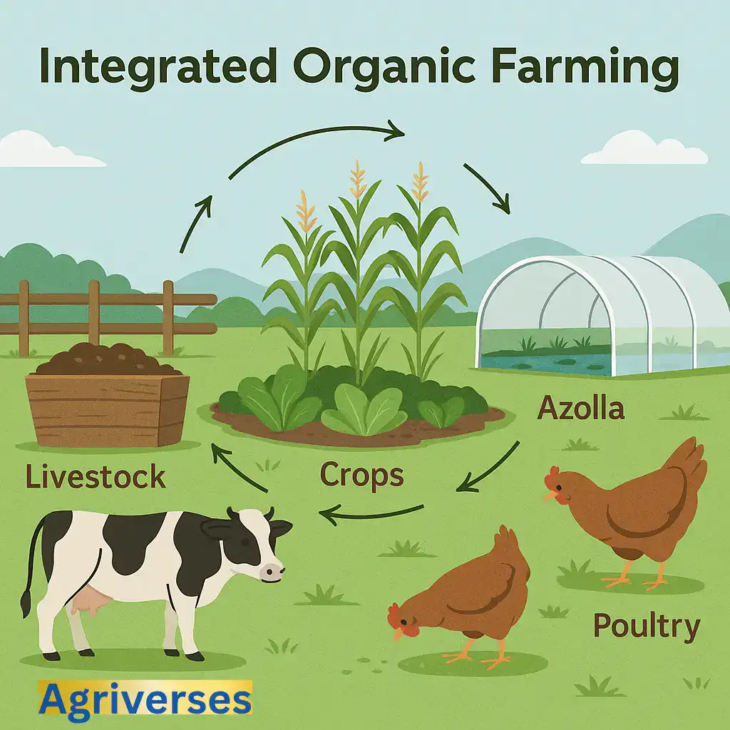 Top Types of Organic Farming in India | 2025 Guide 3 Illustration of an Integrated Organic Farming system in India showing crop cultivation, livestock, crops, Azolla pond, and poultry integration.