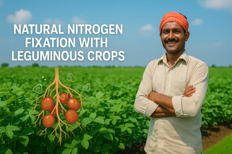 Indian farmer standing in a green moong dal field, holding legumes to show natural nitrogen fixation benefits
