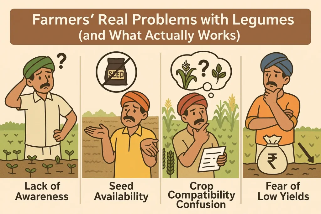 Infographic showing four major challenges farmers face with legumes: lack of awareness, seed unavailability, crop compatibility confusion, and fear of low yields.
