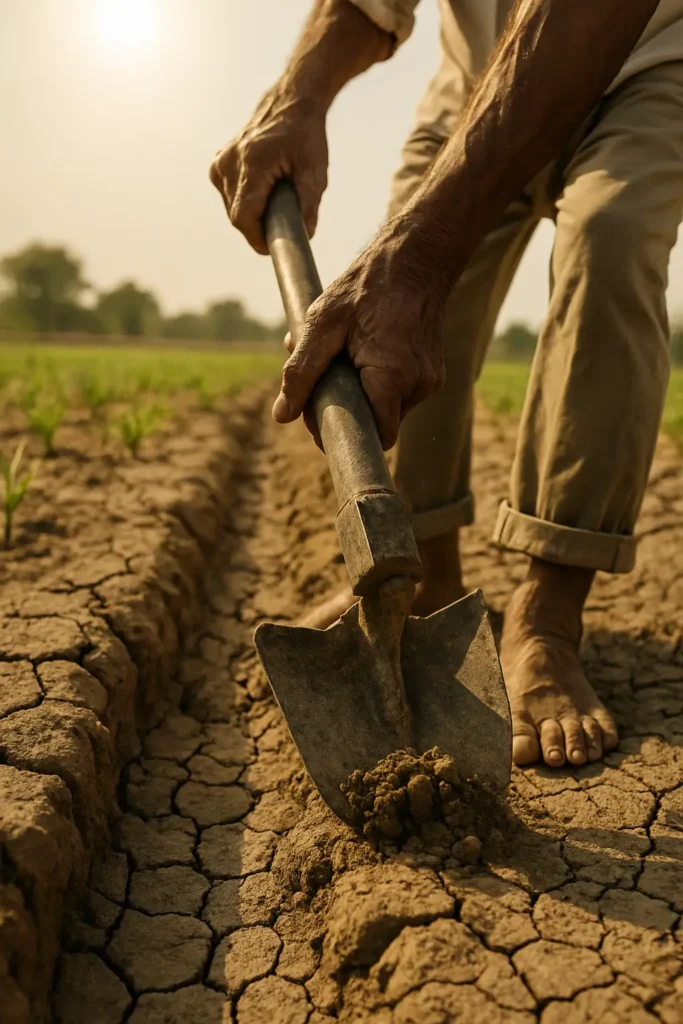 6 Common Mistakes Farmers Make During Monsoon Season 2 A farmer clears a drainage channel in his field before the monsoon to prevent waterlogging, a crucial pre-monsoon task.