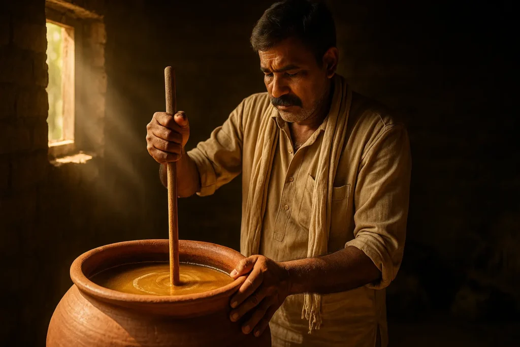 Methods of Organic Farming – 8 Approaches That Make It Work 5 An Indian farmer in a rural setting stirring a clay pot filled with Jeevamrut, a fermented microbial mixture, with sunlight filtering into the shed.