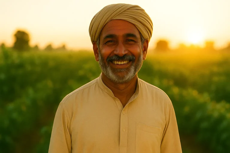 A middle-aged Indian farmer smiling warmly, standing in a lush, green organic field at sunrise, symbolizing the success of organic farming methods.
