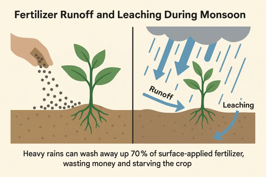 6 Common Mistakes Farmers Make During Monsoon Season 3 An infographic explaining how heavy monsoon rain causes fertilizer loss through surface runoff and leaching, making it unavailable to crops.