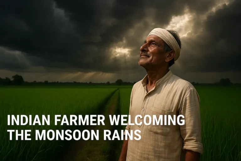 An Indian farmer looks at the monsoon clouds over his green field, representing hope and challenges during the Kharif season.