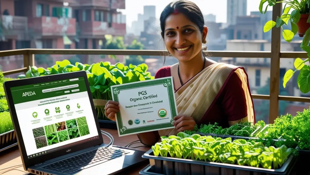 How to Start Indoor Farming Organically at Home in 2025 6 Indian woman showing organic certification for indoor farming.