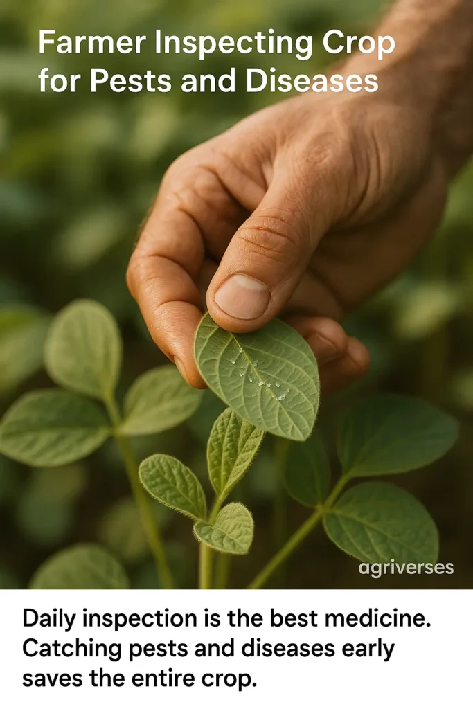 6 Common Mistakes Farmers Make During Monsoon Season 4 A farmer carefully inspects a plant's leaf for early signs of pests, a key practice for monsoon crop management.