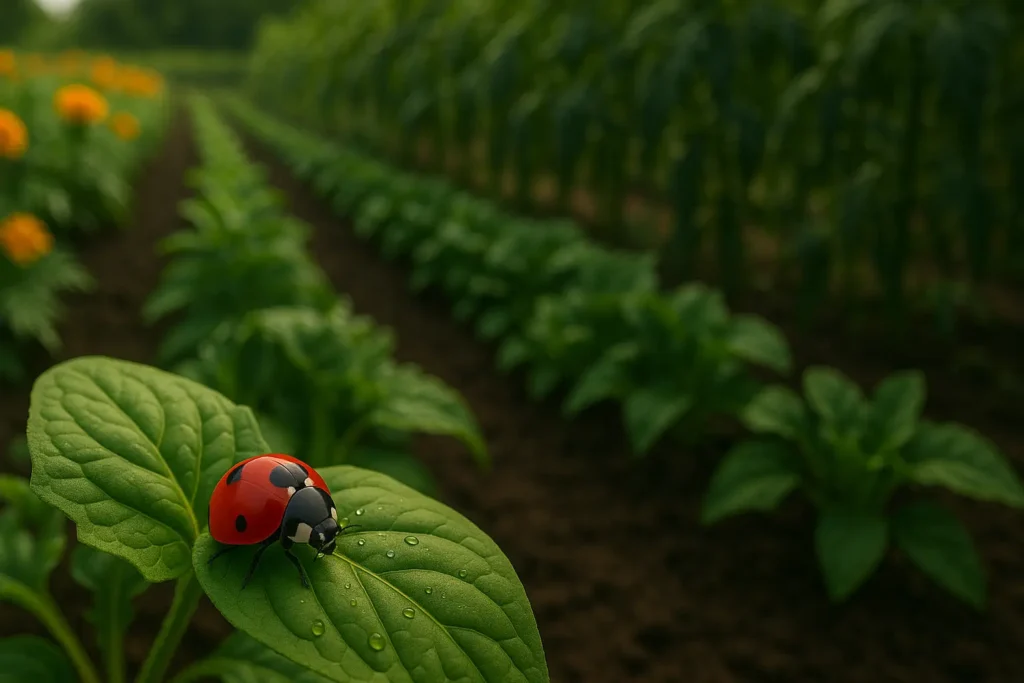 Methods of Organic Farming – 8 Approaches That Make It Work 4 A vibrant macro shot of a red ladybug on a green leaf, symbolizing biological pest control, with rows of intercropped vegetables in the background.