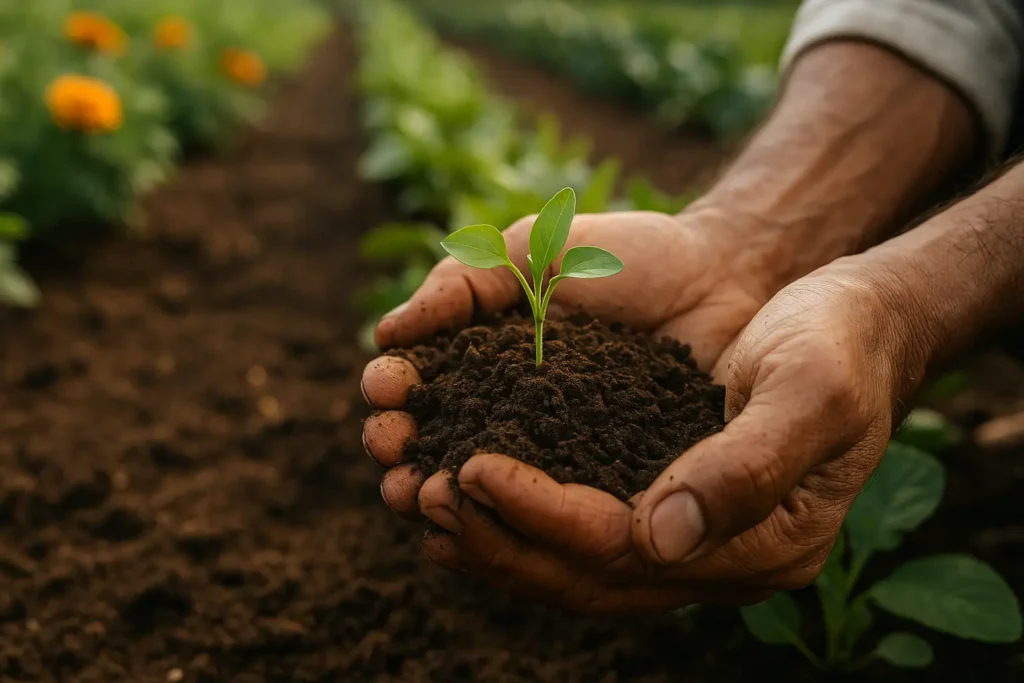 Methods of Organic Farming – 8 Approaches That Make It Work 2 A close-up shot showing dark, crumbly, rich organic soil with a farmer's hands holding a young green sprout, with rows of different crops in the background. includein the secton of methods of organic farming