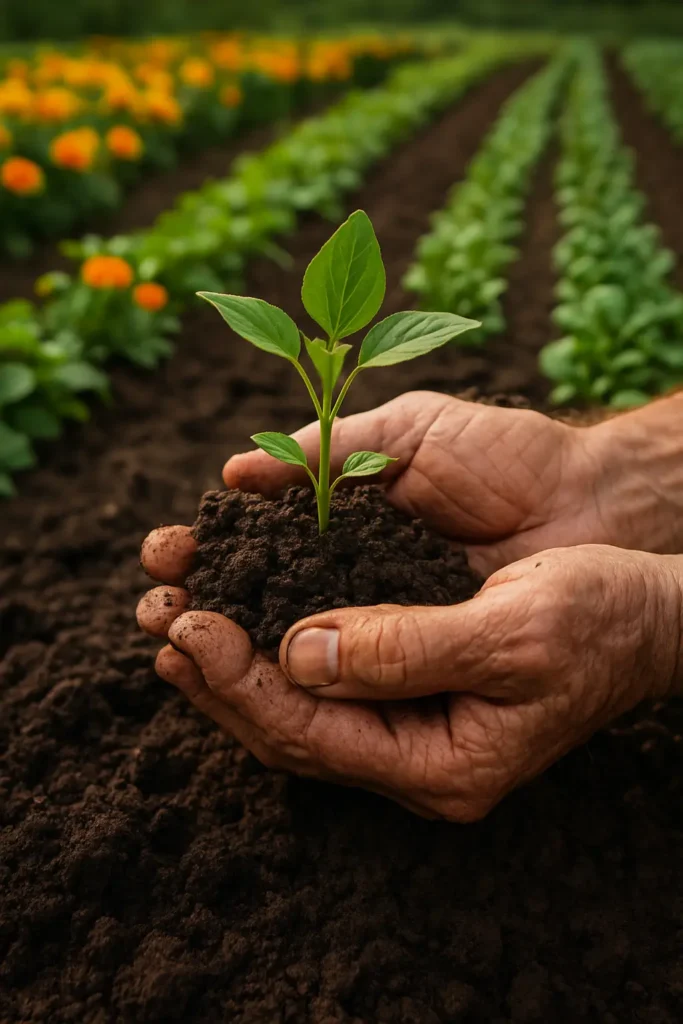 Methods of Organic Farming – 8 Approaches That Make It Work 3 A close-up shot showing dark, crumbly, rich organic soil with a farmer's hands holding a young green sprout, with rows of different crops in the background.