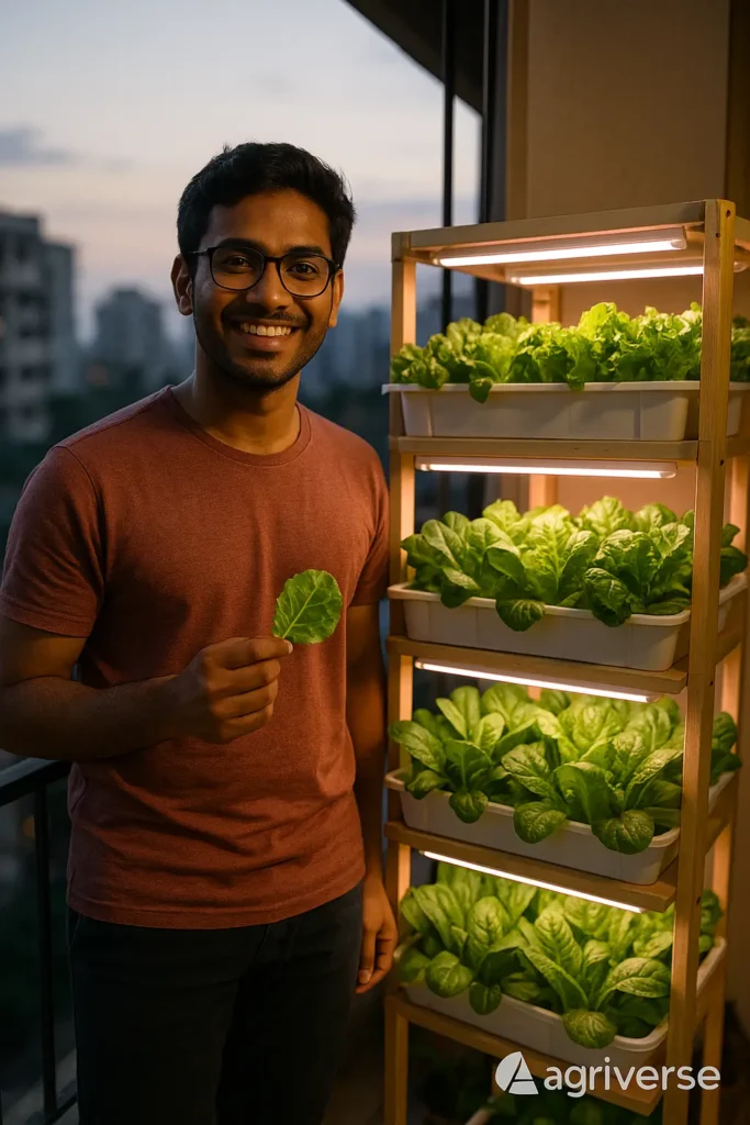 Build a Vertical Farm at home – 2025 Setup & Cost Guide 2 A young Indian man proudly showcases his DIY vertical farm at home, lush with organic leafy greens growing under LED lights on his city apartment balcony.