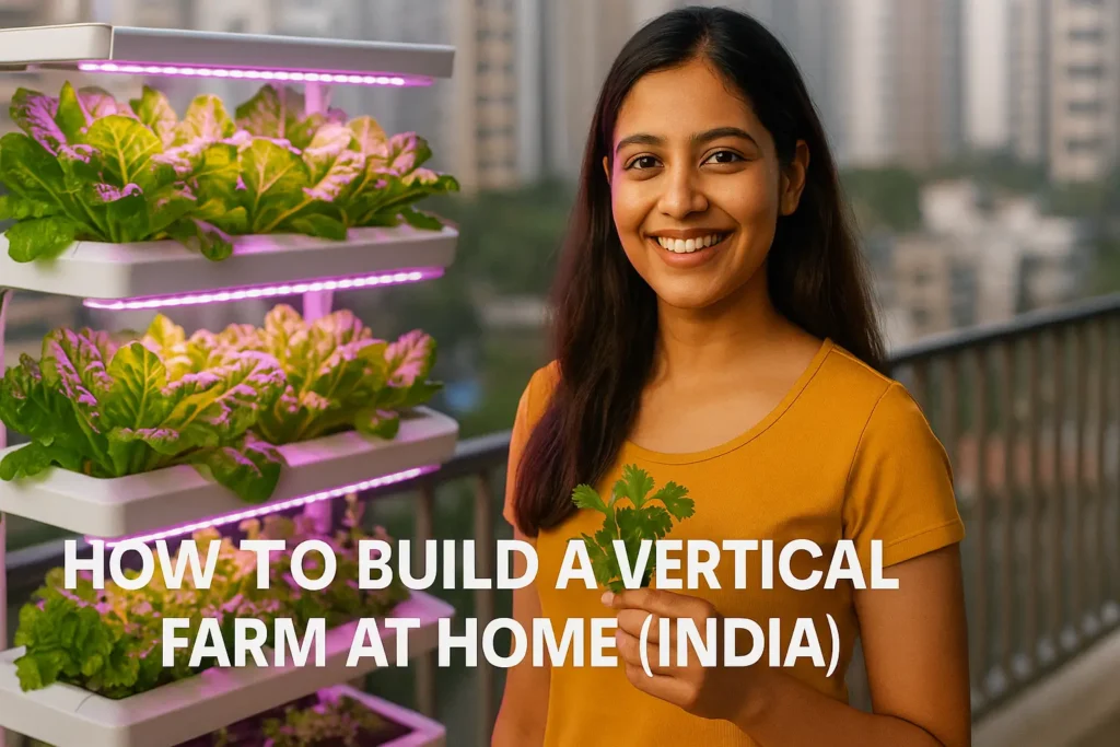 Build a Vertical Farm at home – 2025 Setup & Cost Guide 1 A smiling young Indian woman showcases her successful DIY vertical farm at home, glowing with LED lights and filled with fresh herbs on her apartment balcony.