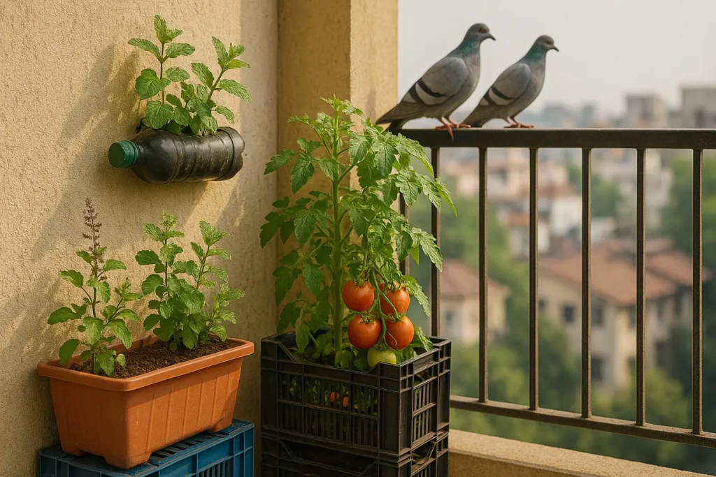 Beginner’s Guide to Vertical Farming at Home in 2025 3 Compact Indian balcony used for vertical growing of vegetables and herbs.