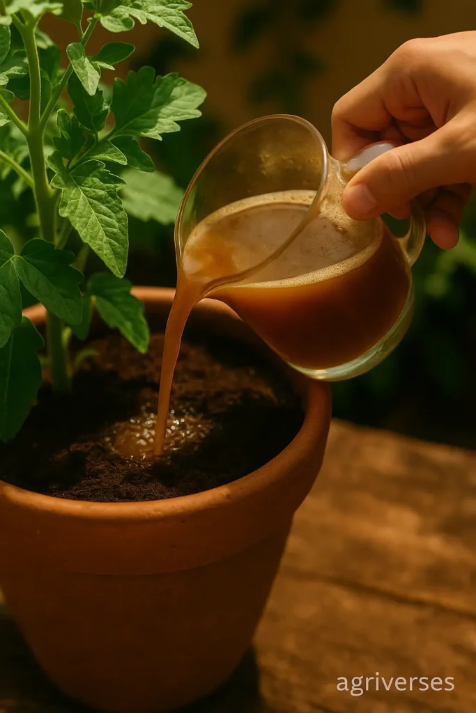 Top 10 Organic Vegetables to Grow on a Balcony 4 Watering a plant with homemade compost tea, a natural liquid fertilizer for organic balcony gardening.