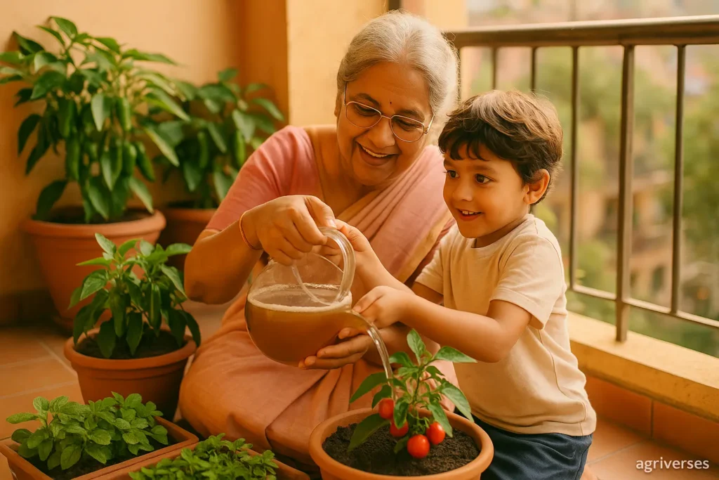 Top 10 Organic Vegetables to Grow on a Balcony 5 A child and a grandparent bonding while gardening together on their beautiful home balcony in India.