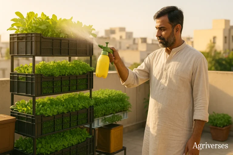 Vertical farming setup on Indian rooftop with organic greens in stacked crates and sunlight shining over them.