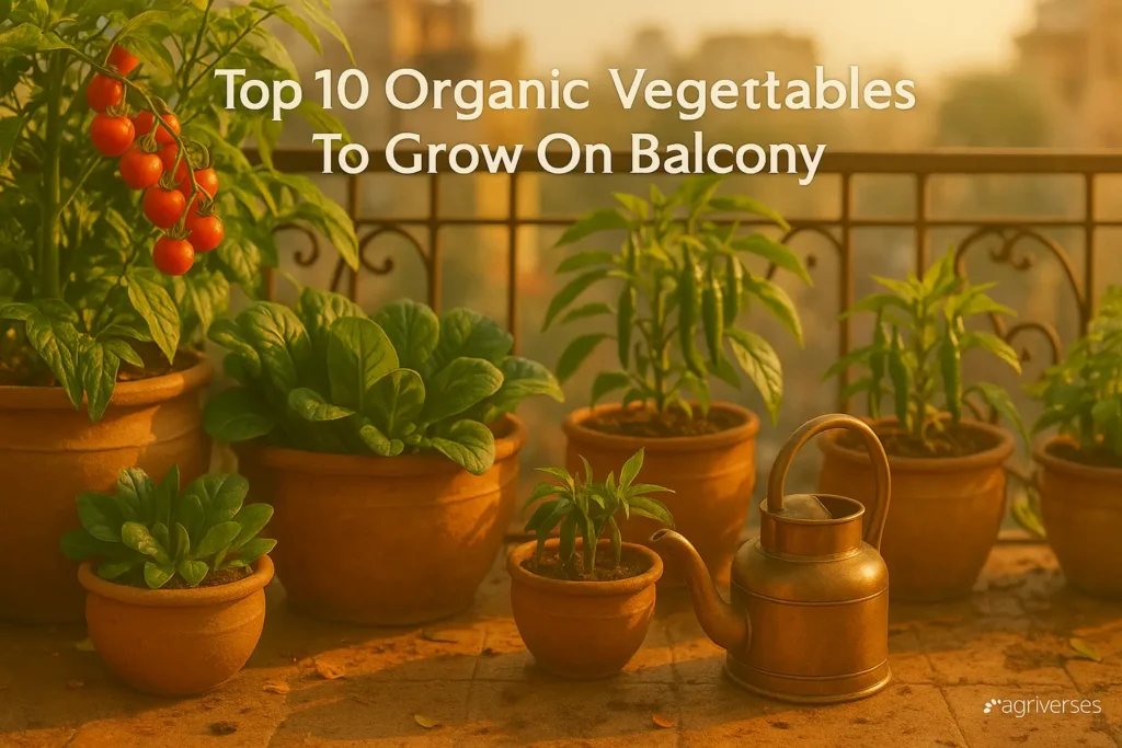 Top 10 Organic Vegetables to Grow on a Balcony 1 A vibrant Indian balcony garden showing the best organic vegetables to grow on a balcony, including tomatoes and chillies.