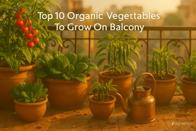 A vibrant Indian balcony garden showing the best organic vegetables to grow on a balcony, including tomatoes and chillies.