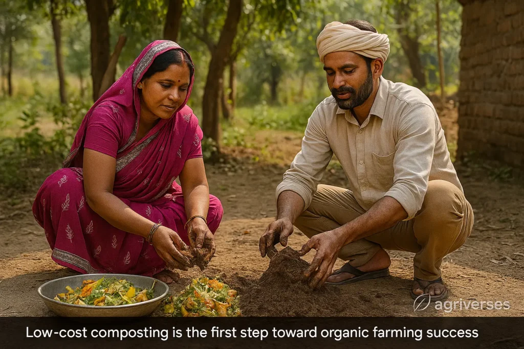 Indian farmers making compost for organic farming startup.