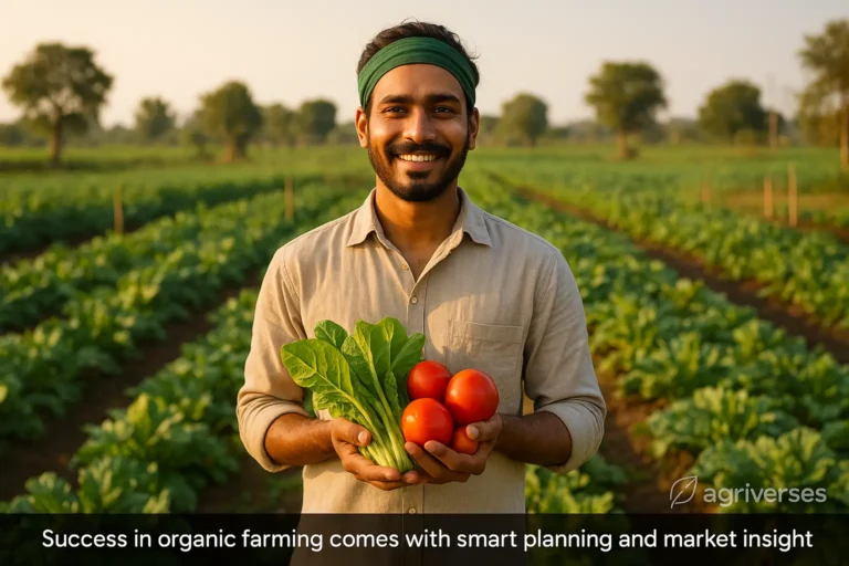 Indian farmer in organic vegetable field holding fresh harvest