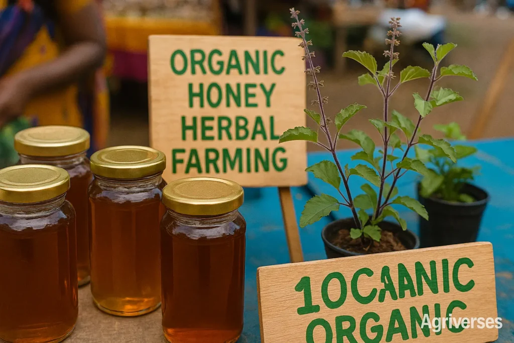 Best Organic Farming Project in India Ideas & Plans in 2025 3 Organic honey and herbal farming products at a local Indian village market.