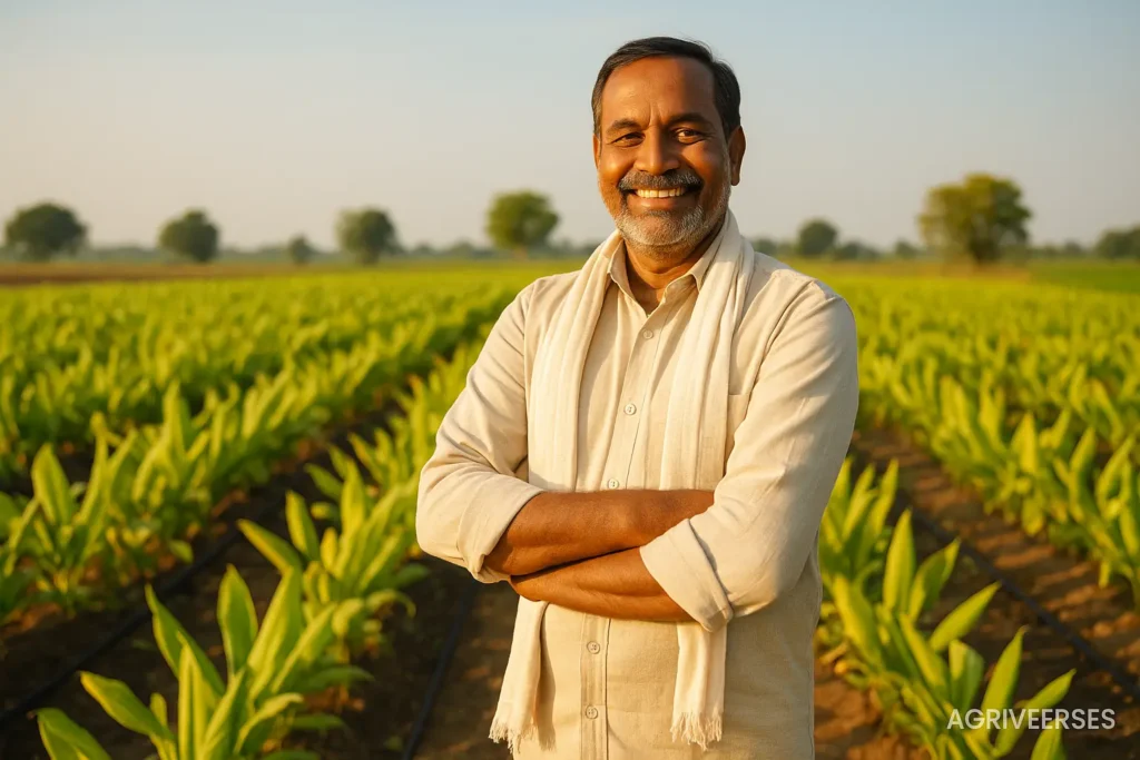 Indian organic turmeric farmer showing profitable cultivation.