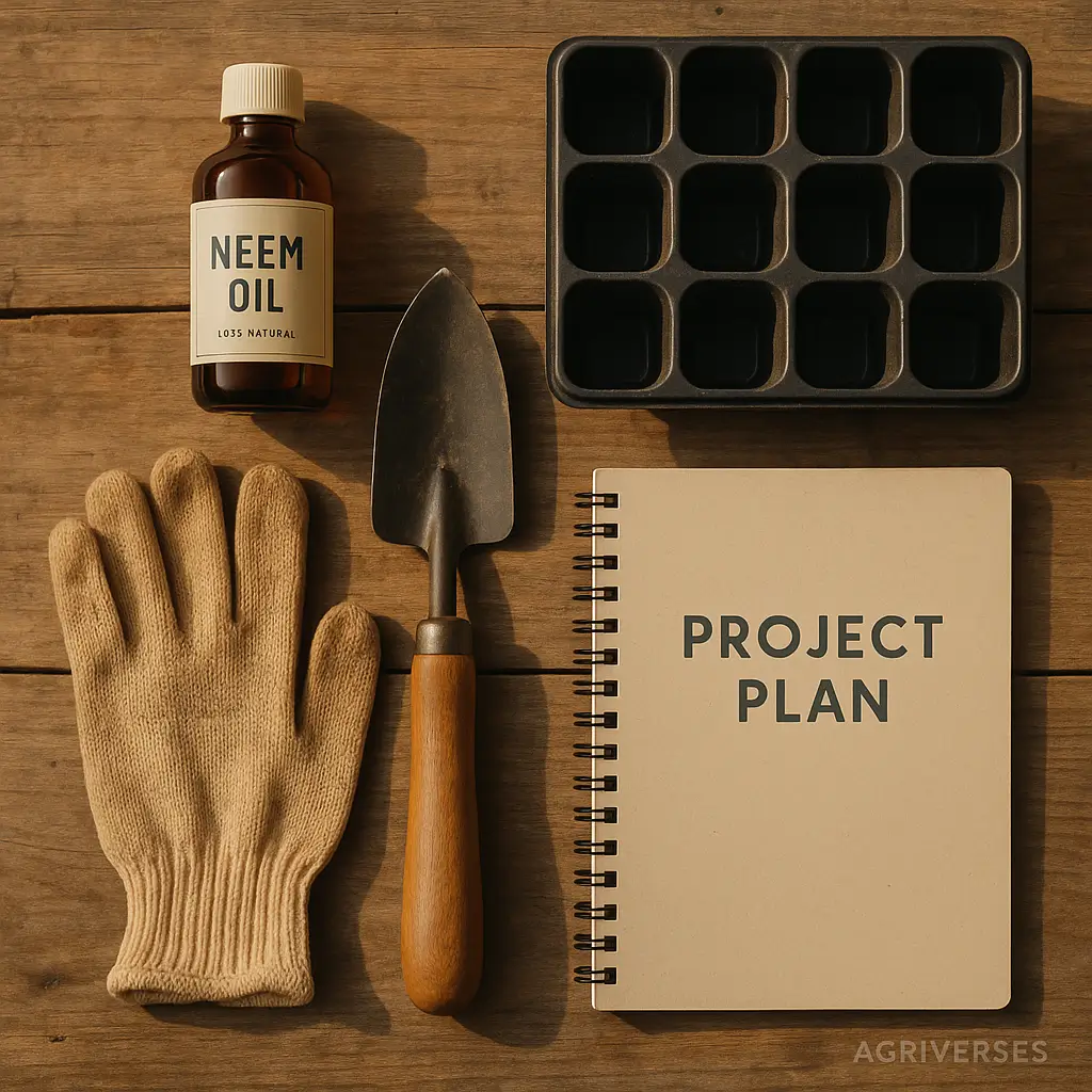 Best Organic Farming Project in India Ideas & Plans in 2025 5 Essential tools and planning notebook for starting an organic farming project.