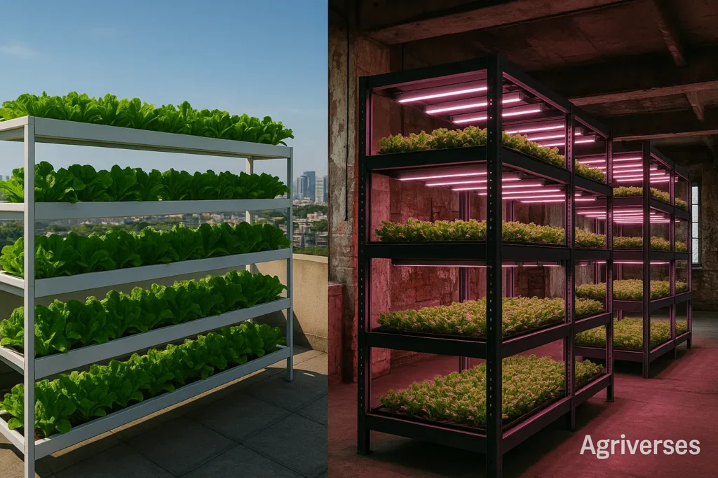Vertical Urban Farming – A Modern Solution for City Life 2 Side-by-side view of rooftop and abandoned building used for vertical urban farming