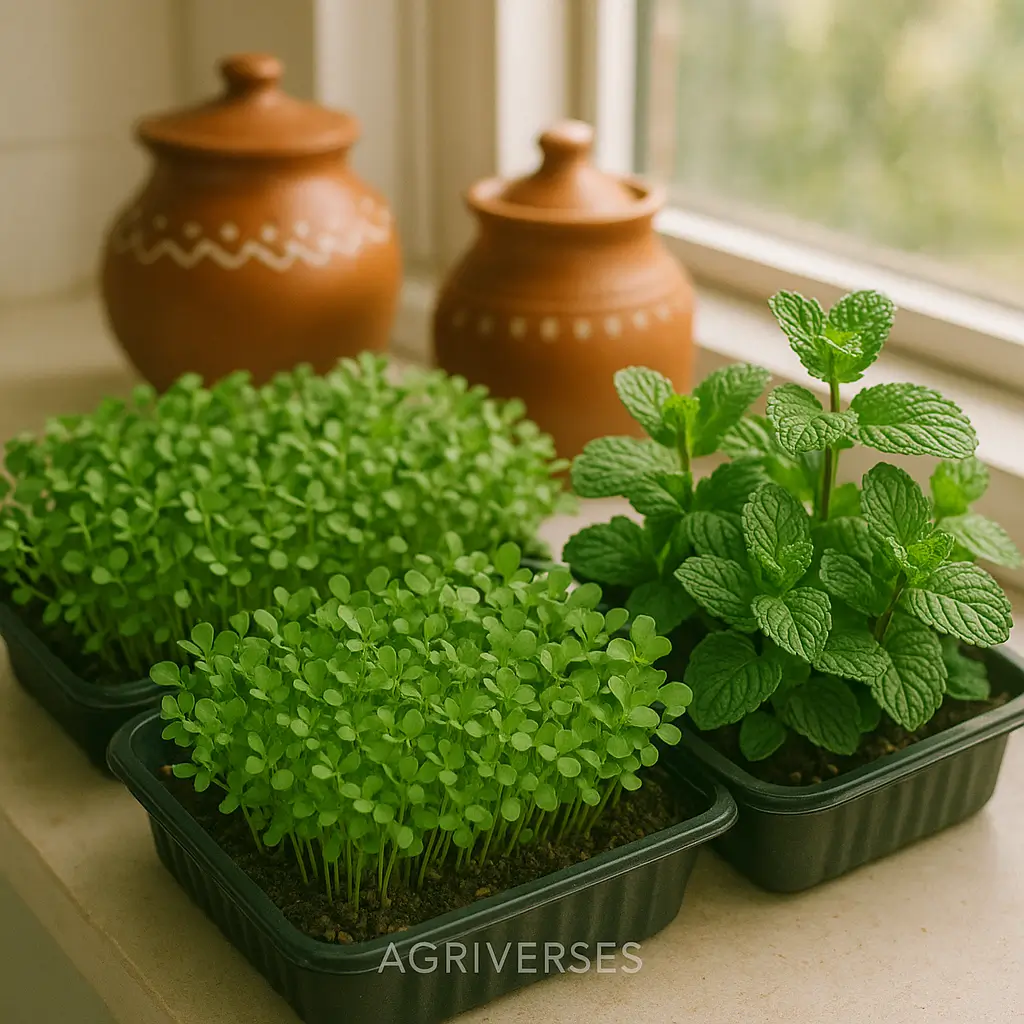 How to Start Indoor Farming Organically at Home in 2025 3 Fresh organic microgreens and mint growing indoors.