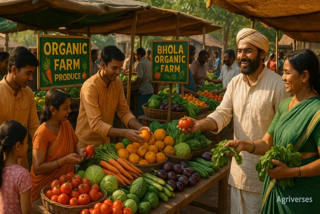 Indian organic farmers selling fresh produce at local market showing organic farming profitable in india.