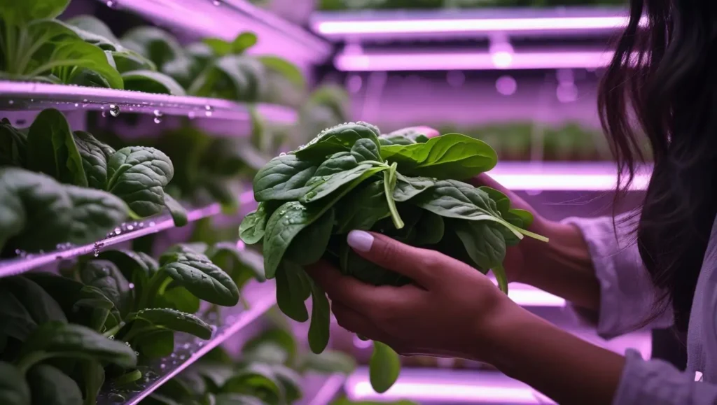 Build a Vertical Farm at home – 2025 Setup & Cost Guide 4 A close-up of hands harvesting fresh, dewy spinach leaves from a home vertical farm, demonstrating the joy of growing your own food