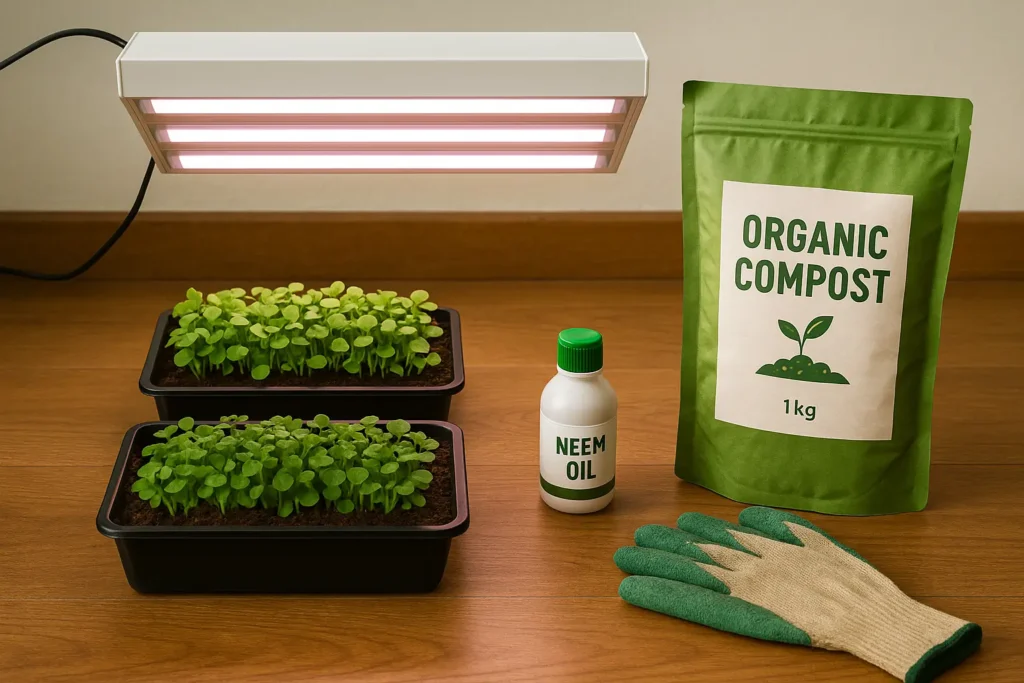 How to Start Indoor Farming Organically at Home in 2025 1 Vertical urban farm on a city rooftop with Indian farmer inspecting crops. which show how to start indoor farming.