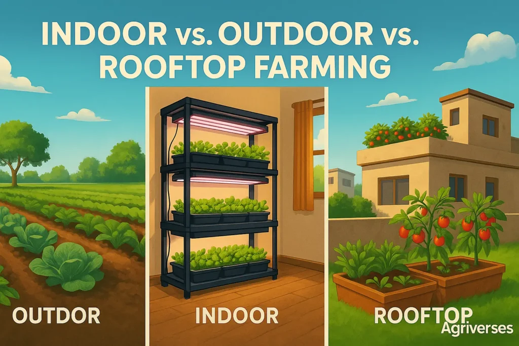 How to Start Indoor Farming Organically at Home in 2025 2 Split-screen view of indoor, outdoor, and rooftop organic farming methods in India.