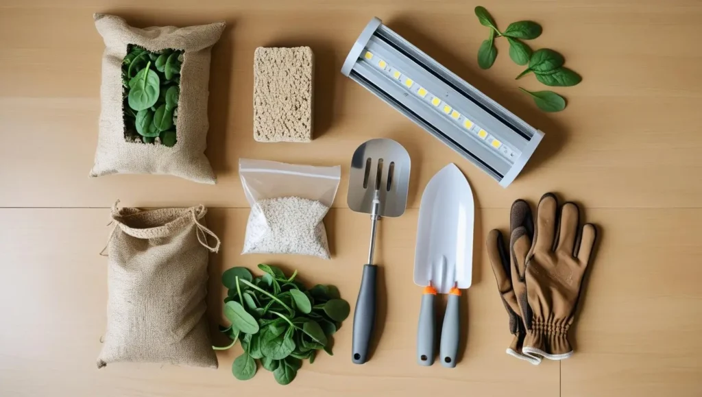Build a Vertical Farm at home – 2025 Setup & Cost Guide 3 Essential tools for starting a vertical farm laid out neatly: organic seeds, coco peat, perlite, and an LED grow light tube