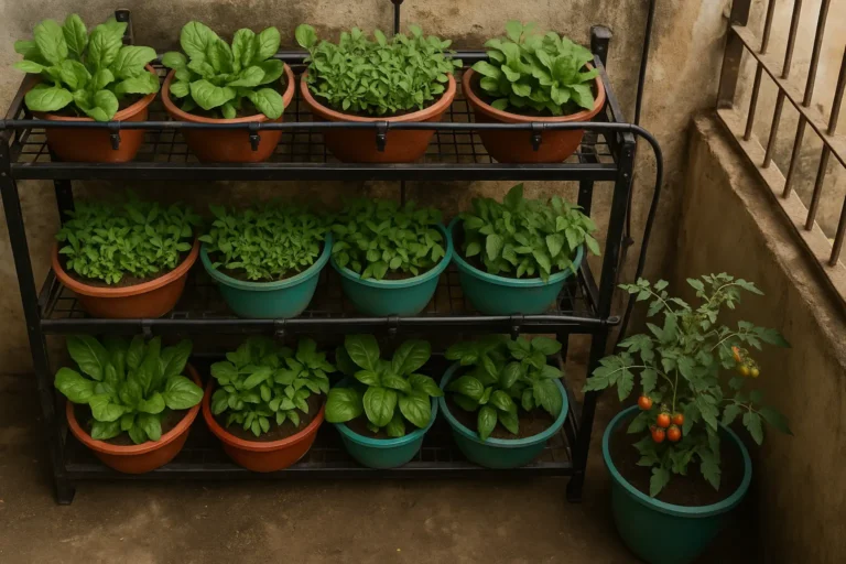 Vertical farming at home on a small Indian balcony with sunlight and green vegetables.