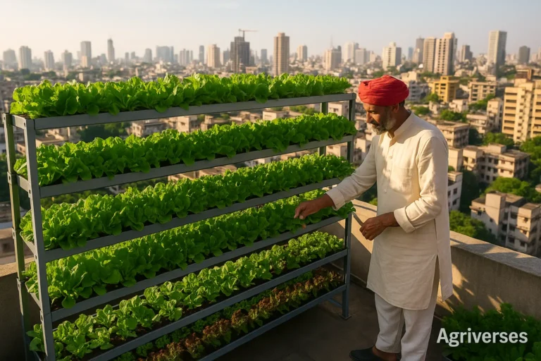 Vertical urban farm on a city rooftop with Indian farmer inspecting crops.