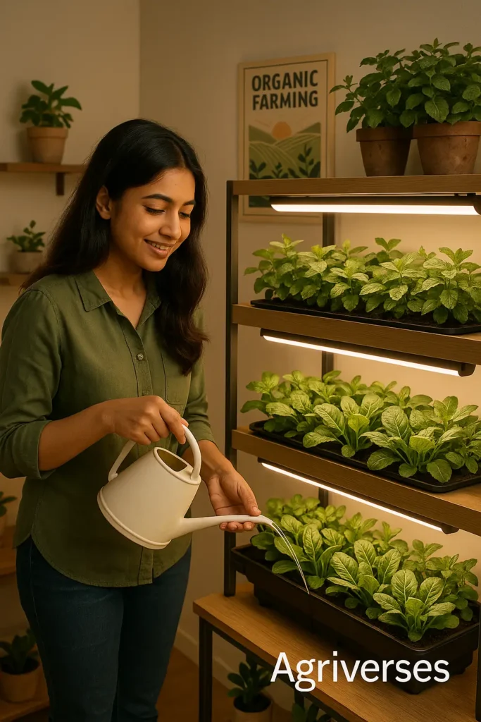 Beginner’s Guide to Vertical Farming at Home in 2025 2 Indoor vertical farming setup with spinach and mint under LED grow light.Which show vertical farming at home.